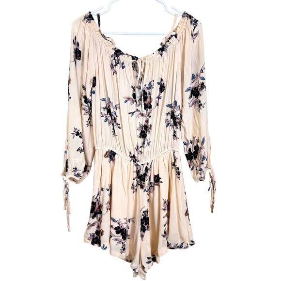 FREE PEOPLE Romper SO DIVINE Floral Pink Off Shoulder Boho Peasant Est Sz Small - Picture 1 of 9